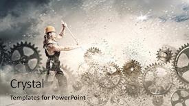  Presentation with strong link padlock - PPT theme having strong man mechanic in uniform background and a  colored foreground