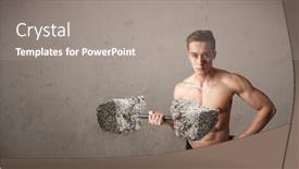  Presentation with lifting weights - PPT theme featuring strong muscular man lifting large rock stone weights background and a gray colored foreground