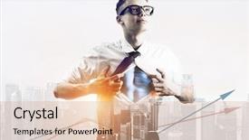  Presentation with hero business - Theme enhanced with strong tower - business superhero double exposure concept background and a coral colored foreground
