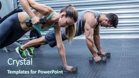  Presentation with lifting weights - Beautiful slide set featuring strong woman - muscular couple doing plank exercise backdrop and a ocean colored foreground