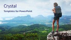  Presentation with mountain top - Audience pleasing PPT theme consisting of strong woman - young tourist with backpack enjoying backdrop and a sky blue colored foreground