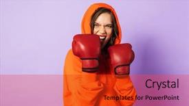  Presentation with purple wall - Audience pleasing PPT theme consisting of strong young woman box backdrop and a red colored foreground