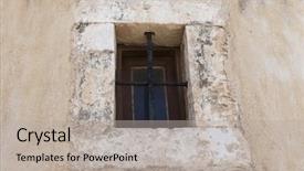  Presentation with prison wall - Slide set featuring stronghold - old prison wall window background and a light gray colored foreground