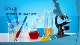  Presentation with laboratory equipment - Slides featuring structur organic chemical - equipment of a research laboratory background and a cyan colored foreground