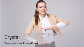  Presentation with crystal lattice - Slides with structur organic chemical - woman scientist holding model background and a light gray colored foreground