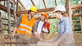  Presentation with structural engineering - Beautiful slide set featuring structural engineering - happy male and female workers backdrop and a coral colored foreground