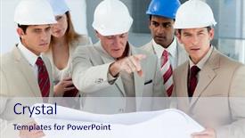  Presentation with building plans - PPT layouts having structural engineering - multi-ethnic engineers studying plans background and a sky blue colored foreground