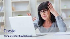 Presentation with infrastructure computer - PPT theme with struggle - senior woman struggling at computer background and a sky blue colored foreground