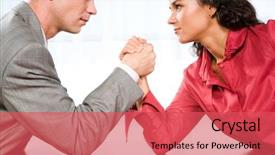  Presentation with struggle - PPT theme having struggle business women - man and woman in arm background and a red colored foreground