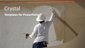  Presentation with contractor - Colorful slide deck enhanced with stucco on a building wall an unidentifiable contractor applies stucco or wall texture to the outside of a building wall in preparation of painting the building wall and building repair and patching backdrop and a coral colored foreground