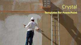  Presentation with building reconstruction - Cool new theme with stucco on a building wall an unidentifiable contractor applies stucco or wall texture to the outside of a building wall in preparation of painting the building wall and building repair and patching backdrop and a violet colored foreground