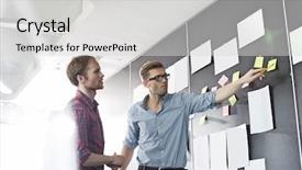  Presentation with creative - Audience pleasing PPT theme consisting of stuck - creative businessmen discussing over sticky backdrop and a light gray colored foreground