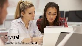  Presentation with university student internship - PPT layouts enhanced with studens collaboration - female university students collaborating background and a  colored foreground