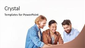  Presentation with men and women working in harmony - Audience pleasing presentation theme consisting of studens collaboration - group of cheerful men working backdrop and a  colored foreground