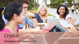  Presentation with public works students - PPT theme having studens collaboration - group of university students working background and a coral colored foreground