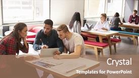  Presentation with students working in groups - Presentation enhanced with studens collaboration - group of university students working background and a coral colored foreground