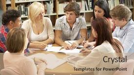  Presentation with public works students - PPT theme having studens collaboration - students working together in library background and a coral colored foreground