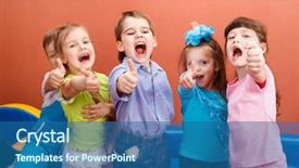  Presentation with children - Audience pleasing PPT theme consisting of student activities - group of cheerful children showing backdrop and a ocean colored foreground