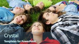  Presentation with group of companies - PPT theme featuring student activities - group of friends lying background and a ocean colored foreground