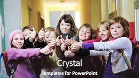  Presentation with girls running - Audience pleasing PPT theme consisting of student activities - happy school girls running outdoor backdrop and a dark gray colored foreground