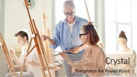  Presentation with new teacher - Presentation design with student and teacher of art background and a coral colored foreground