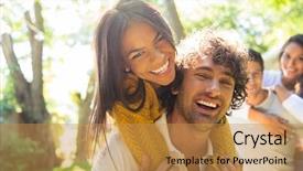  Presentation with fun - Theme having student behavior - portrait of a happy friends background and a gold colored foreground