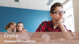  Presentation with back school education - PPT theme featuring student boy back at school background and a coral colored foreground