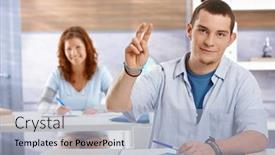  Presentation with school desk - Cool new slide deck with student-boy-sitting-at-desk backdrop and a light blue colored foreground