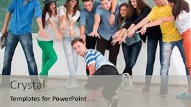  Presentation with classmates - Cool new slides with student break dancing in classroom surrounded by classmates backdrop and a light gray colored foreground