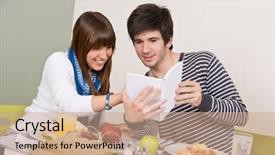  Presentation with cafeteria - Colorful theme enhanced with student cafeteria - teenagers having lunch break holding book backdrop and a coral colored foreground