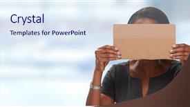  Presentation with cardboard - Presentation theme with student cartoon - business woman hiding face background and a sky blue colored foreground