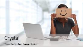  Presentation with woman business - Cool new PPT theme with business woman with smiling cardboard backdrop and a light gray colored foreground