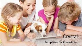  Presentation with kids playing - Slide set with student cartoon - children and dog with tablet background and a lemonade colored foreground