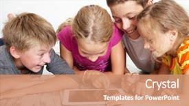  Presentation with cartoon children - Beautiful PPT theme featuring student cartoon - children with tablet group kids backdrop and a coral colored foreground