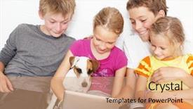  Presentation with kids playing - PPT theme having student cartoon - children with tablet group kids background and a coral colored foreground