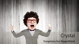  Presentation with man head in hands - Colorful slide deck enhanced with student cartoon - funny young man with big backdrop and a light gray colored foreground