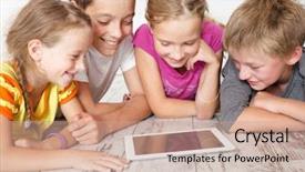  Presentation with kids playing - Presentation theme enhanced with student cartoon - kids with tablet group children background and a coral colored foreground