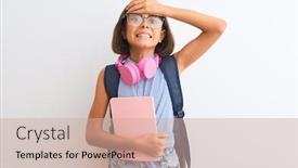  Presentation with angry child - Audience pleasing slide deck consisting of student child girl wearing backpack glasses book headphones over isolated white background stressed with hand on head shocked with shame and surprise face angry and frustrated fear and upset backdrop and a coral colored foreground