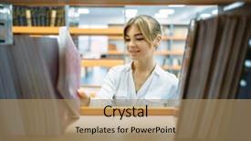  Presentation with library - Cool new theme with student choosing book in library backdrop and a  colored foreground