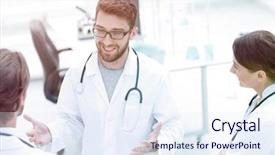  Presentation with group - Theme having student council - group of doctors talking background and a  colored foreground