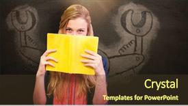  Presentation with book covers - Amazing slide set having student covering face with book backdrop and a tawny brown colored foreground