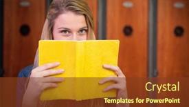  Presentation with library - Slide deck with student-covering-face-with-book background and a tawny brown colored foreground