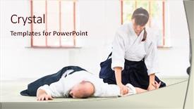  Presentation with aikido - PPT theme featuring student discipline - man and woman fighting background and a lemonade colored foreground