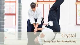  Presentation with aikido - Slides enhanced with student discipline - man and woman fighting background and a sky blue colored foreground