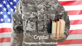  Presentation with military - Audience pleasing PPT layouts consisting of student discipline - soldier holding books military education backdrop and a gray colored foreground