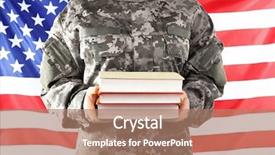  Presentation with military soldier leader - Colorful slide deck enhanced with student discipline - soldier holding books military education backdrop and a coral colored foreground