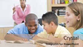  Presentation with school elementary - PPT theme enhanced with student discipline - two boys misbehaving in elementary background and a coral colored foreground