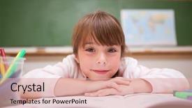  Presentation with classroom special needs - PPT theme with student dream - smiling schoolgirl leaning background and a  colored foreground