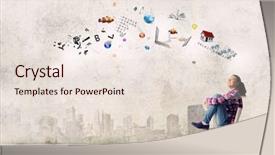  Presentation with flying - Theme with student dream - young girl sitting on chair background and a  colored foreground