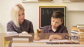  Presentation with homework - Slide deck enhanced with student engagement - schoolboy makes engaged homework background and a coral colored foreground